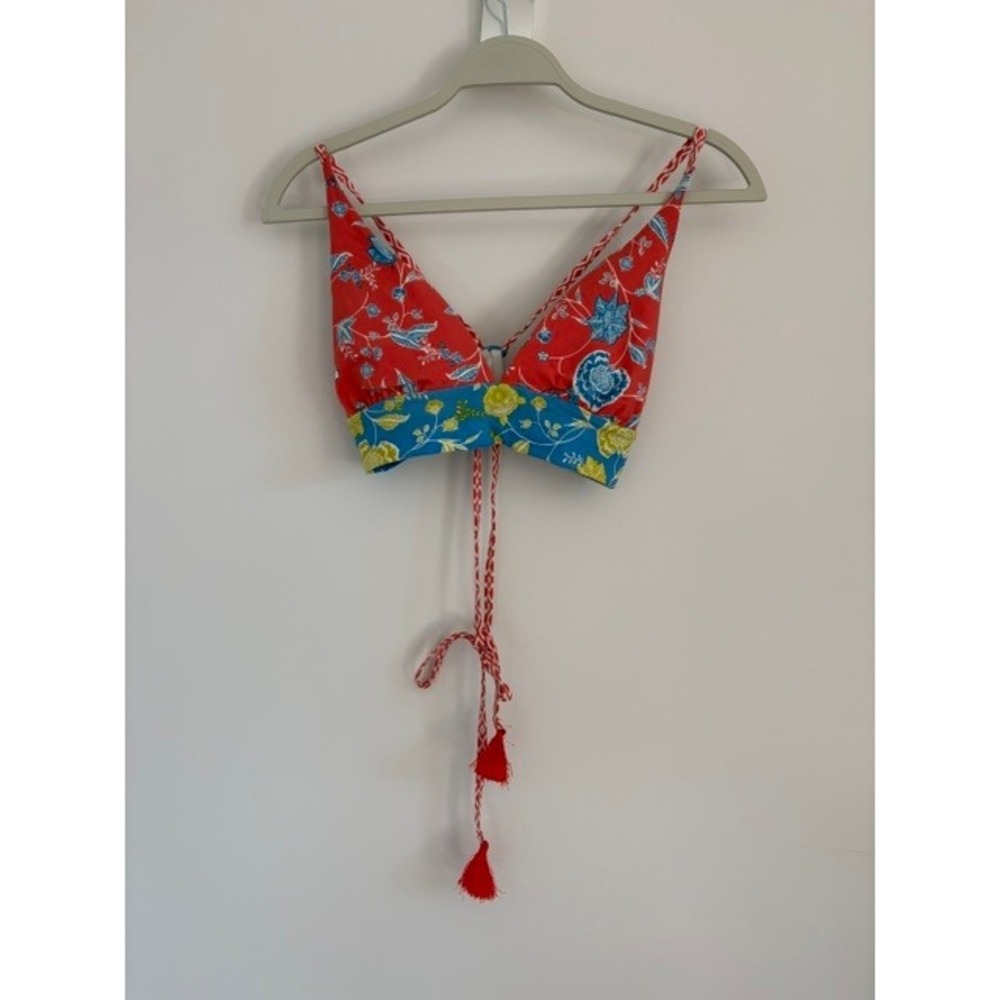 Lands End Womens Red Blue Floral Tassel Tie Back Bikini Top Medium 10-12